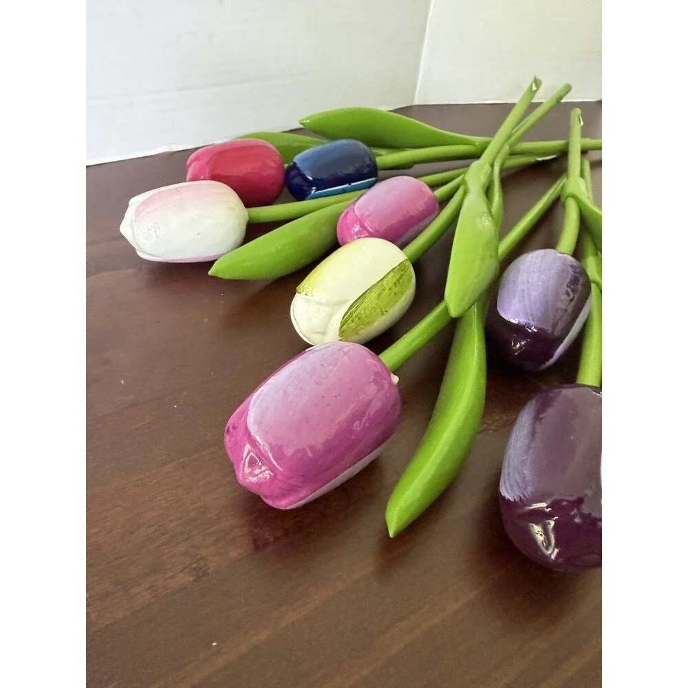 Set 8 Tall Wooden Tulips 11-13'' Wood Tulip Flowers Holland Bright Handmade READ